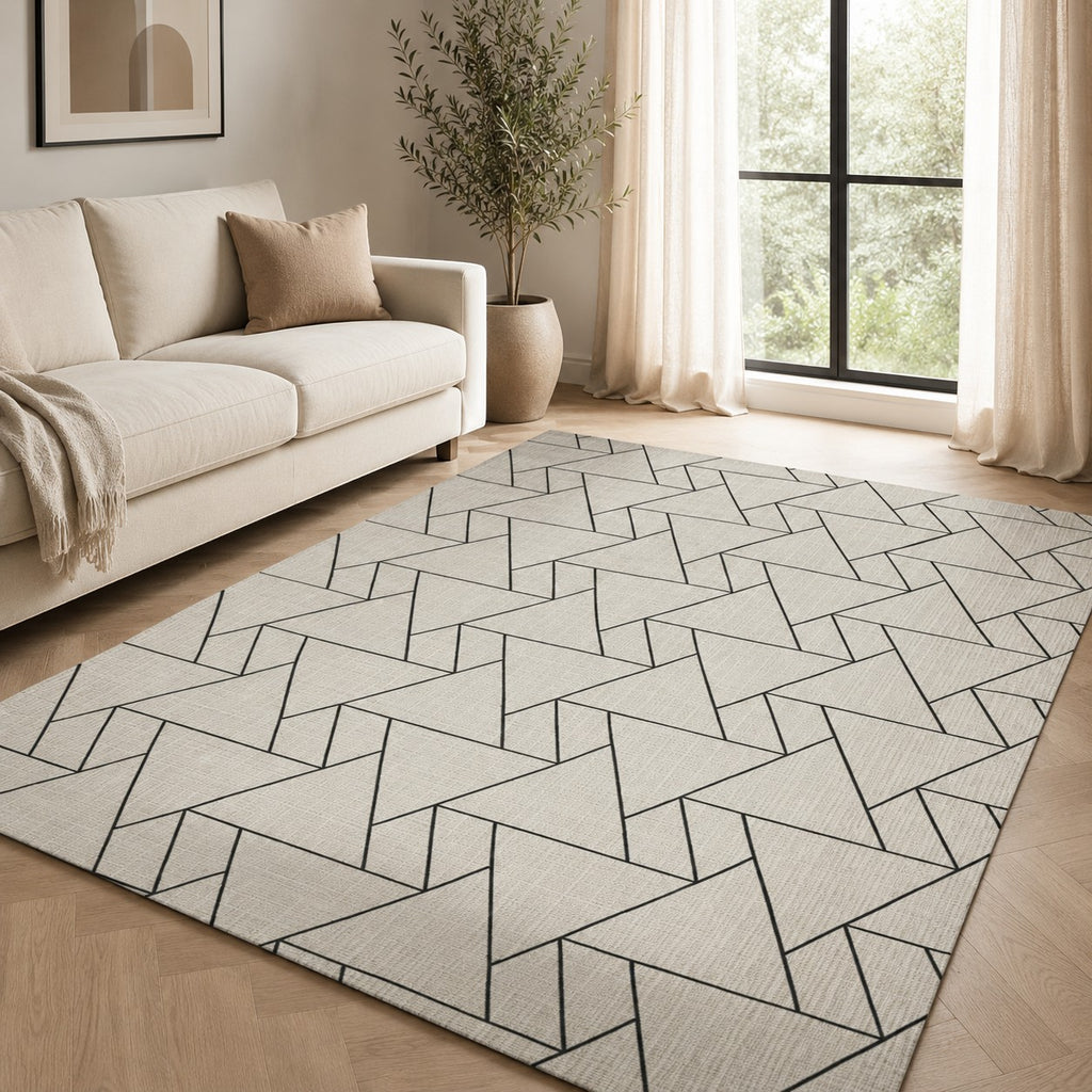 CarpetlyHome geometrikus mintás, krém-bézs színű, modern szőnyeg, 100% polipropilén, 12 mm szálhossz.