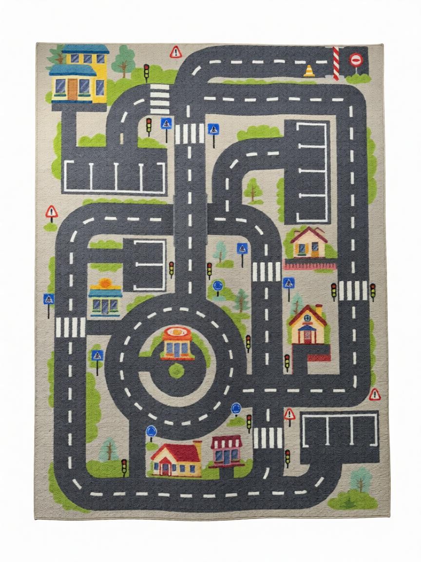 CarpetlyHome autópálya mintás gyerekszőnyeg, szürke, polipropilén, házakkal, fákkal és közlekedési lámpákkal.