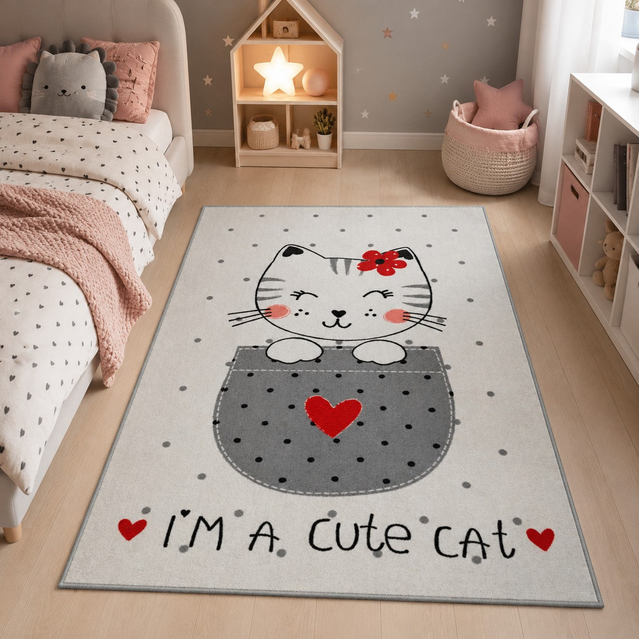 CarpetlyHome imádnivaló macskás szőnyeg, szürke és fehér színű, puha polipropilén anyagból, piros szívvel és "I’M A Cute Cat" felirattal.