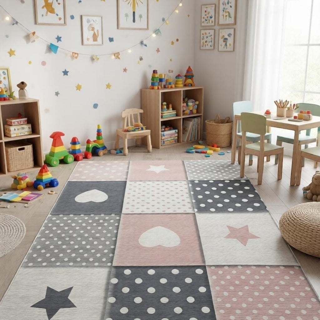 CarpetlyHome Csillag és Szív Patchwork Gyerekszőnyeg rózsaszín és szürke színekben, szív és csillag mintákkal, játszószobába ideális.