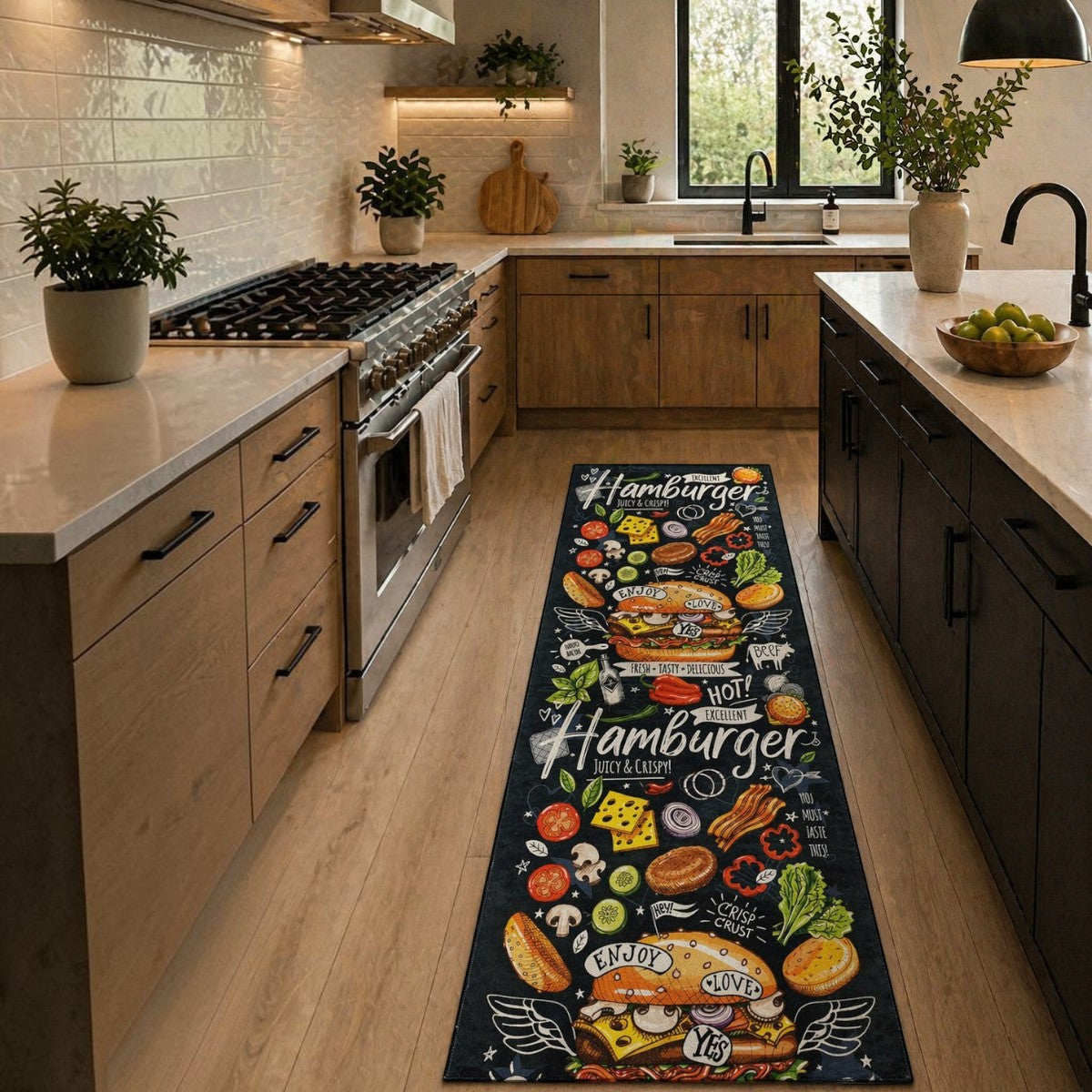CarpetlyHome fekete konyhai szőnyeg hamburger mintával, 100% polipropilén, csúszásmentes hátlappal.