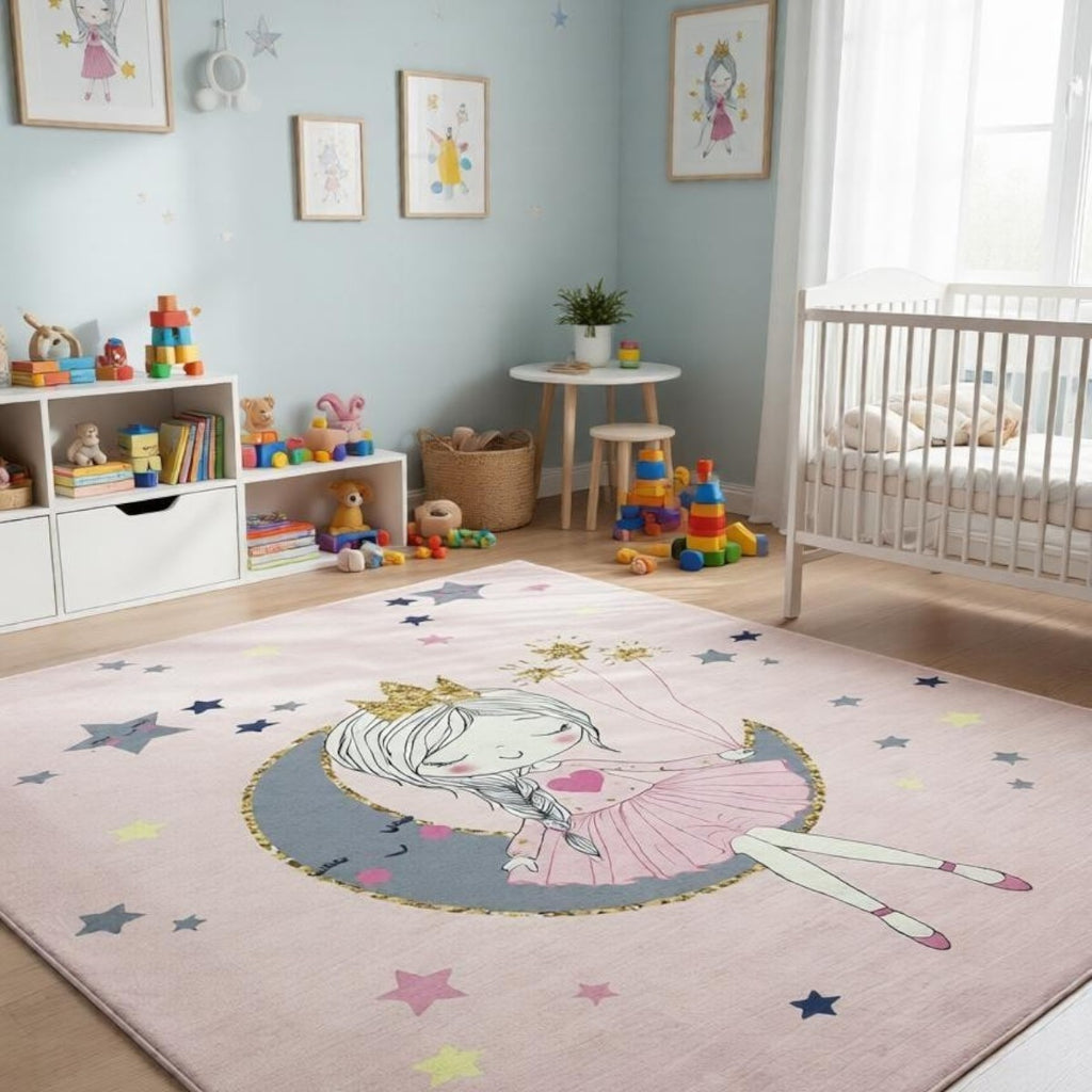 CarpetlyHome hercegnős rózsaszín gyerekszőnyeg csillagokkal és holddal, 100% polipropilén, 8 mm szálhossz.