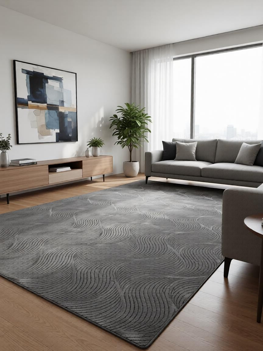 CarpetlyHome sötét szürke hullám mintás puha szőnyeg, 100% polipropilén, 8 mm szálhossz, padlófűtéshez is alkalmas.