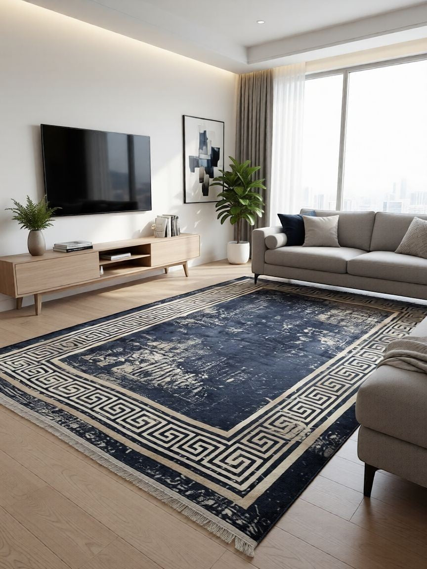 CarpetlyHome sötétkék, arany görög mintás, kopottas hatású, 100% polipropilén szőnyeg