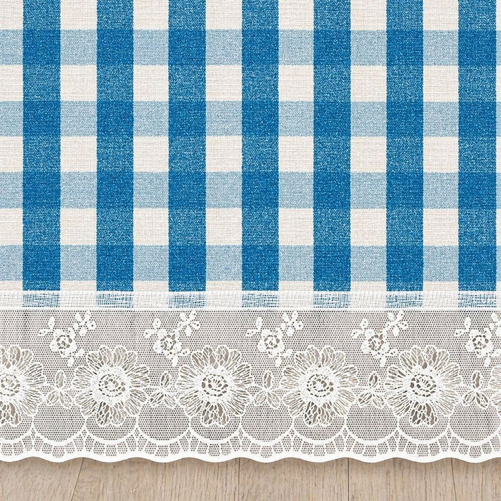 CarpetlyHome kék kockás PVC asztalterítő fehér csipkeszegéllyel, vízlepergető, könnyen tisztítható