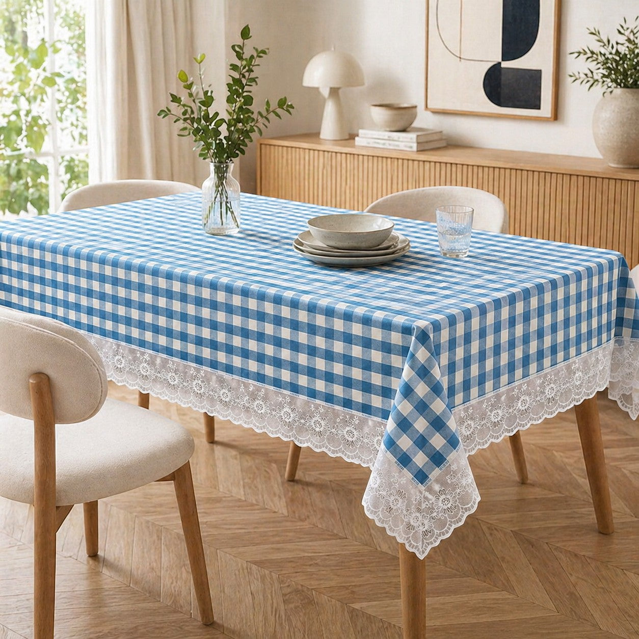 CarpetlyHome kék kockás PVC asztalterítő fehér csipkeszegéllyel, vízlepergető, könnyen tisztítható
