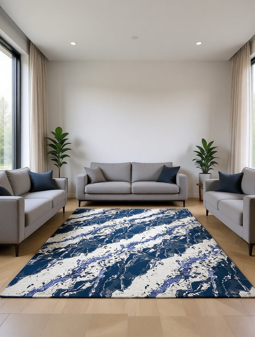 CarpetlyHome ATHENA kék-krém márvány mintás modern szőnyeg, 100% polipropilén, 12 mm szálhossz.