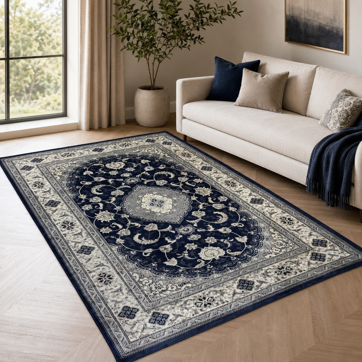CarpetlyHome kék-szürke klasszikus mintás polipropilén szőnyeg elegáns nappaliban