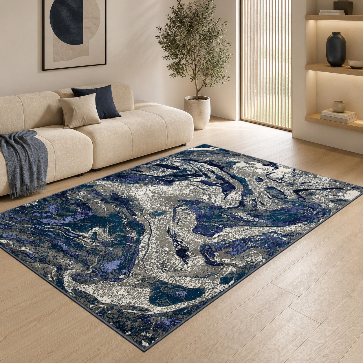 CarpetlyHome kék-szürke márvány mintás modern szőnyeg, 100% polipropilén, 12mm szálhossz.