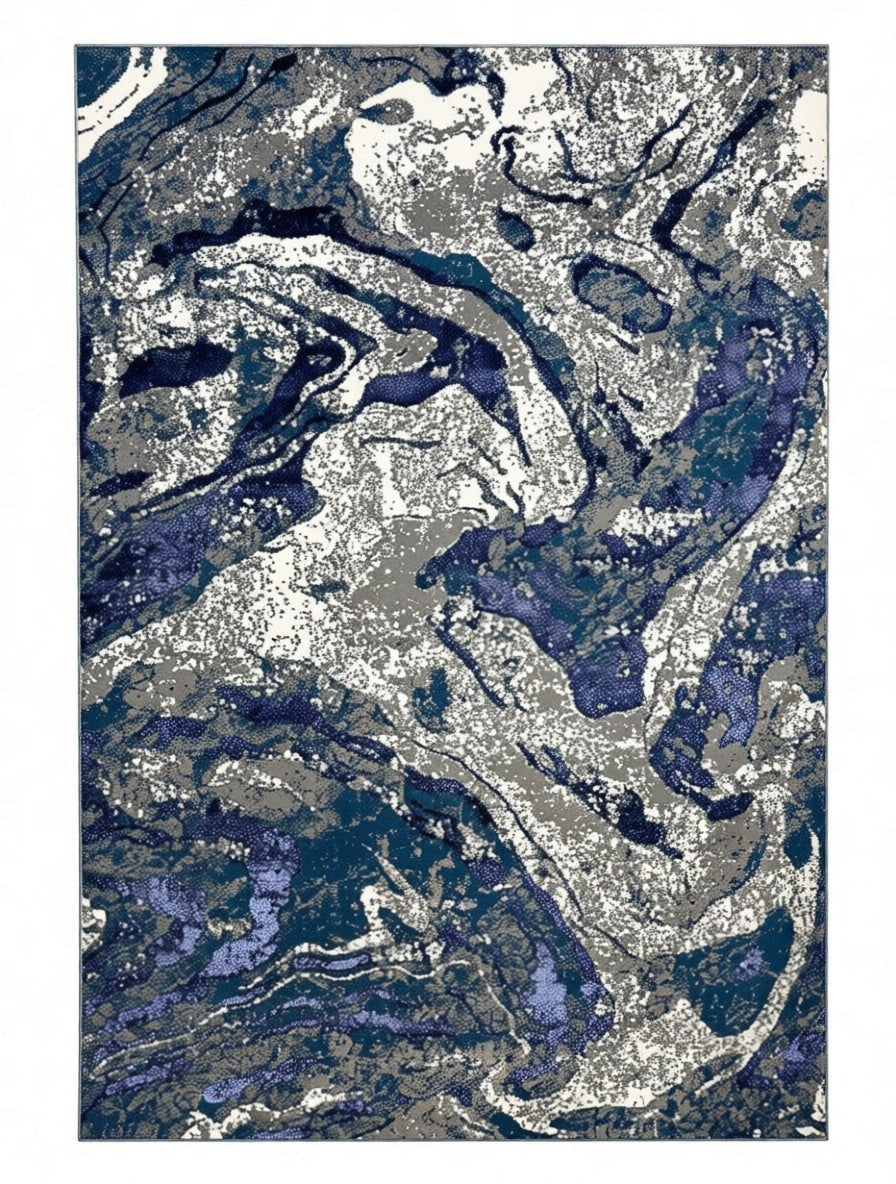 CarpetlyHome kék-szürke márvány mintás modern szőnyeg, 100% polipropilén, 12 mm szálhossz, padlófűtéshez is alkalmas.