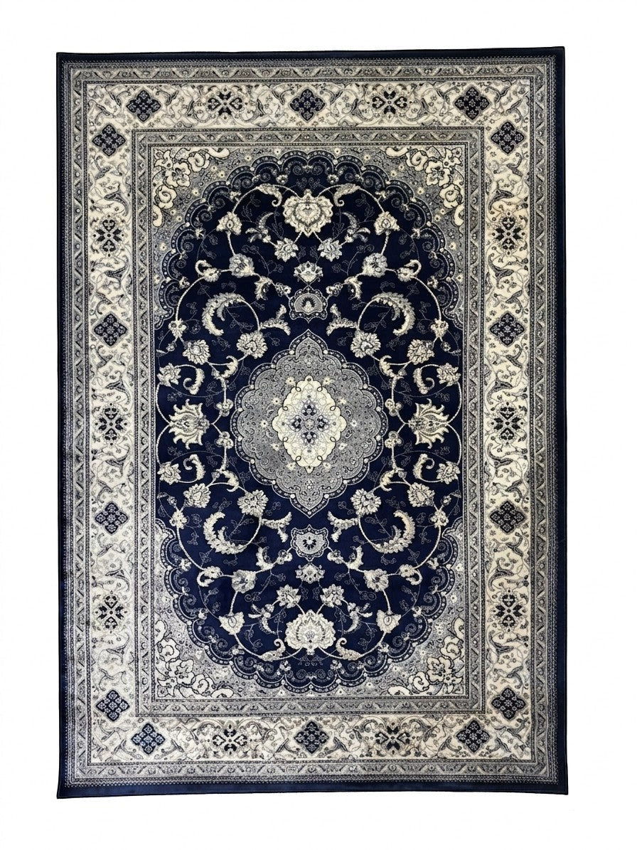 CarpetlyHome kék-szürke klasszikus mintás, 100% polipropilén szőnyeg, 12 mm szálhosszúság, padlófűtéshez is alkalmas.