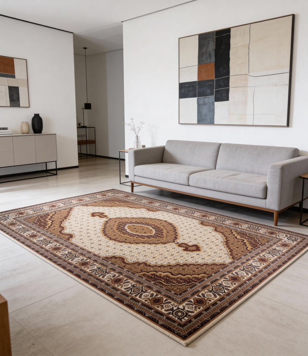 CarpetlyHome klasszikus barna mintás szőnyeg, 100% polipropilén, 12 mm szálhossz, ideális nappaliba és hálószobába.