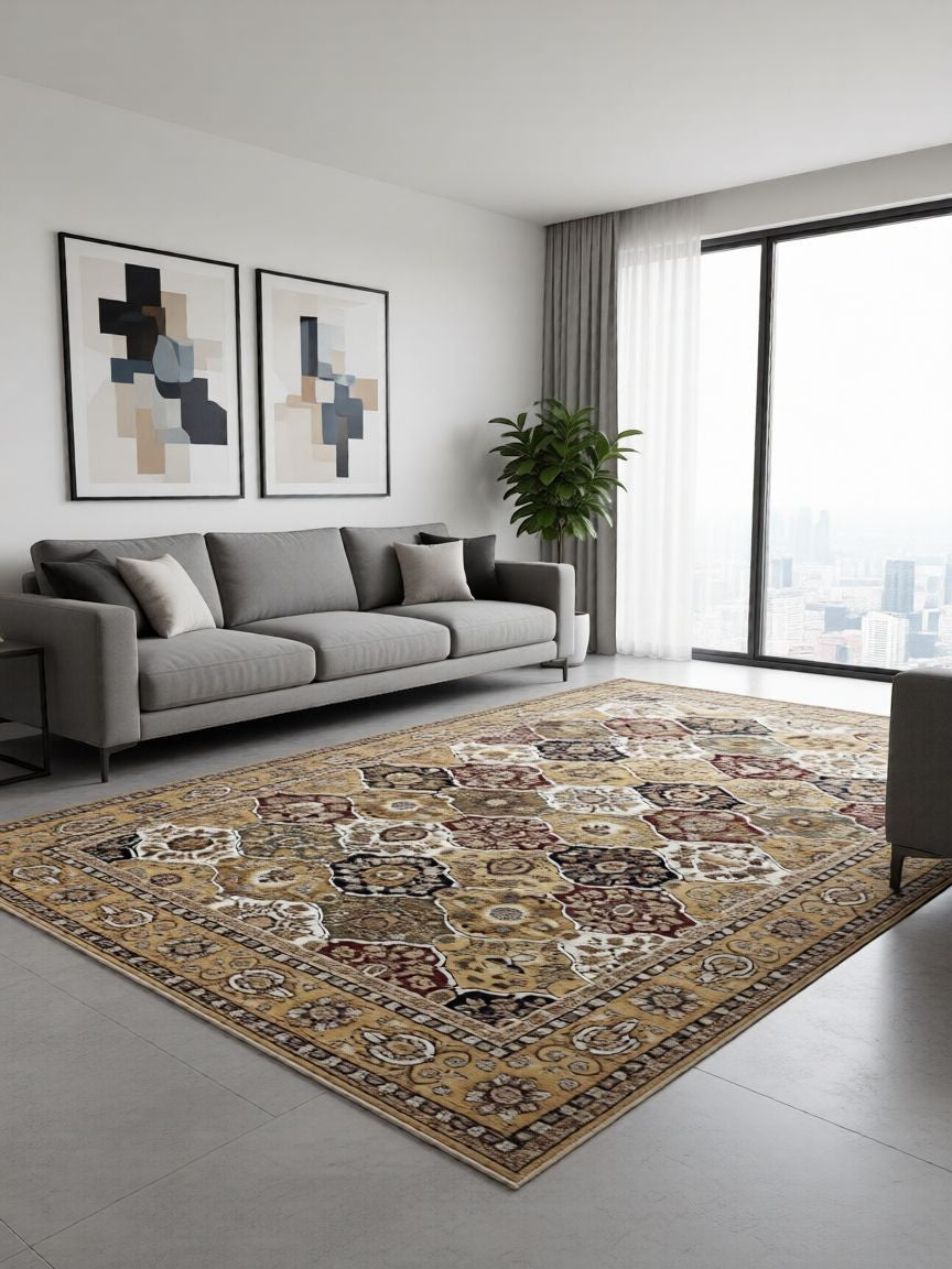 CarpetlyHome klasszikus bézs mintás szőnyeg, 100% polipropilén, 12 mm szálhossz, keleti ihletésű motívumokkal.