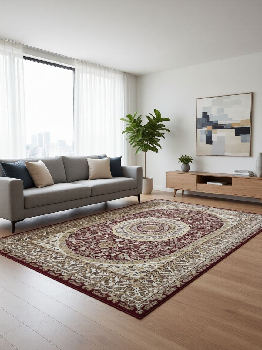 CarpetlyHome klasszikus bordó mintás szőnyeg, 100% polipropilén, 12 mm szálhossz, elegáns otthoni kiegészítő.