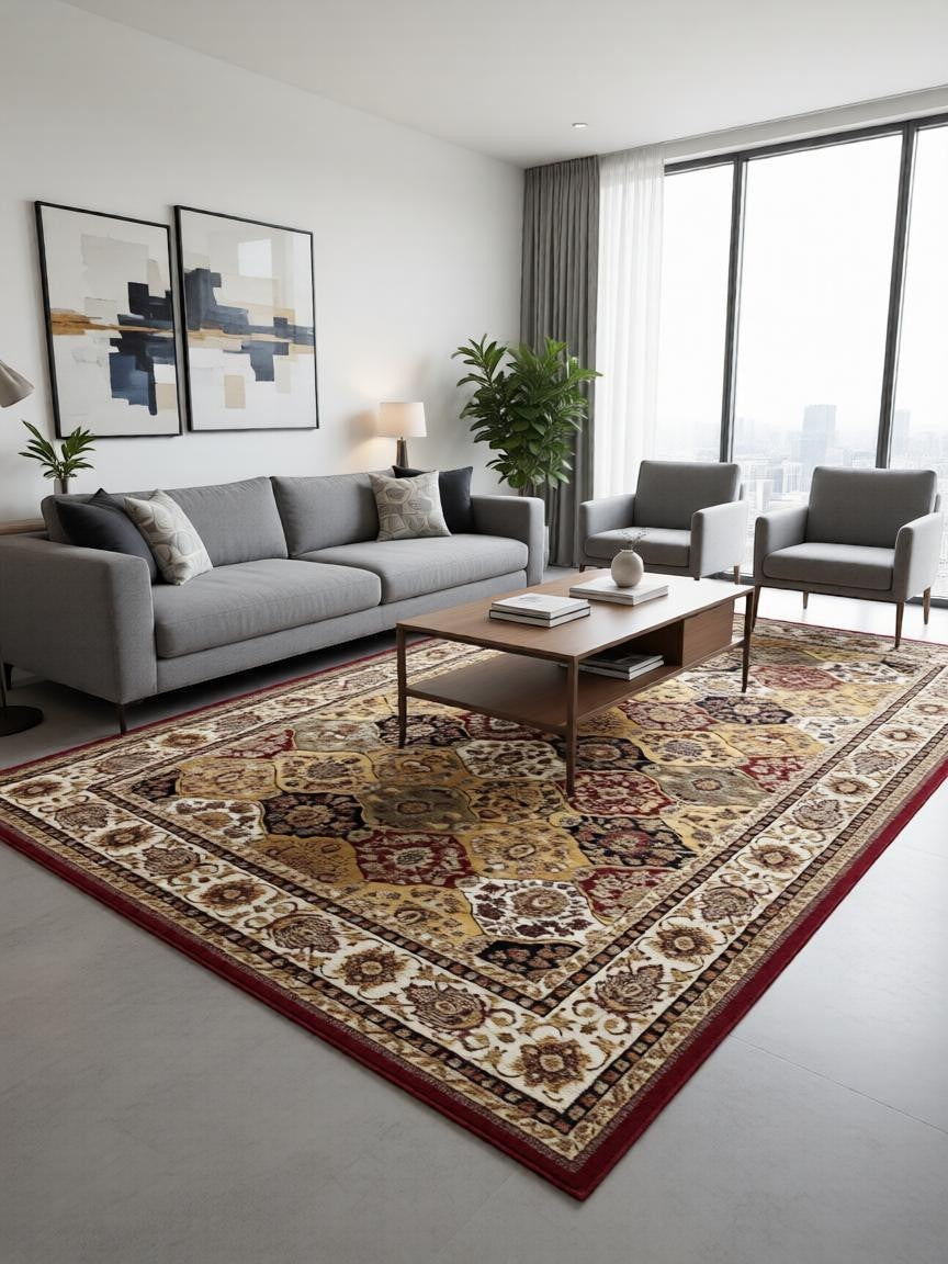 CarpetlyHome klasszikus bordó mintás szőnyeg, arany és krém részletekkel, 100% polipropilén, 12 mm szálhossz.