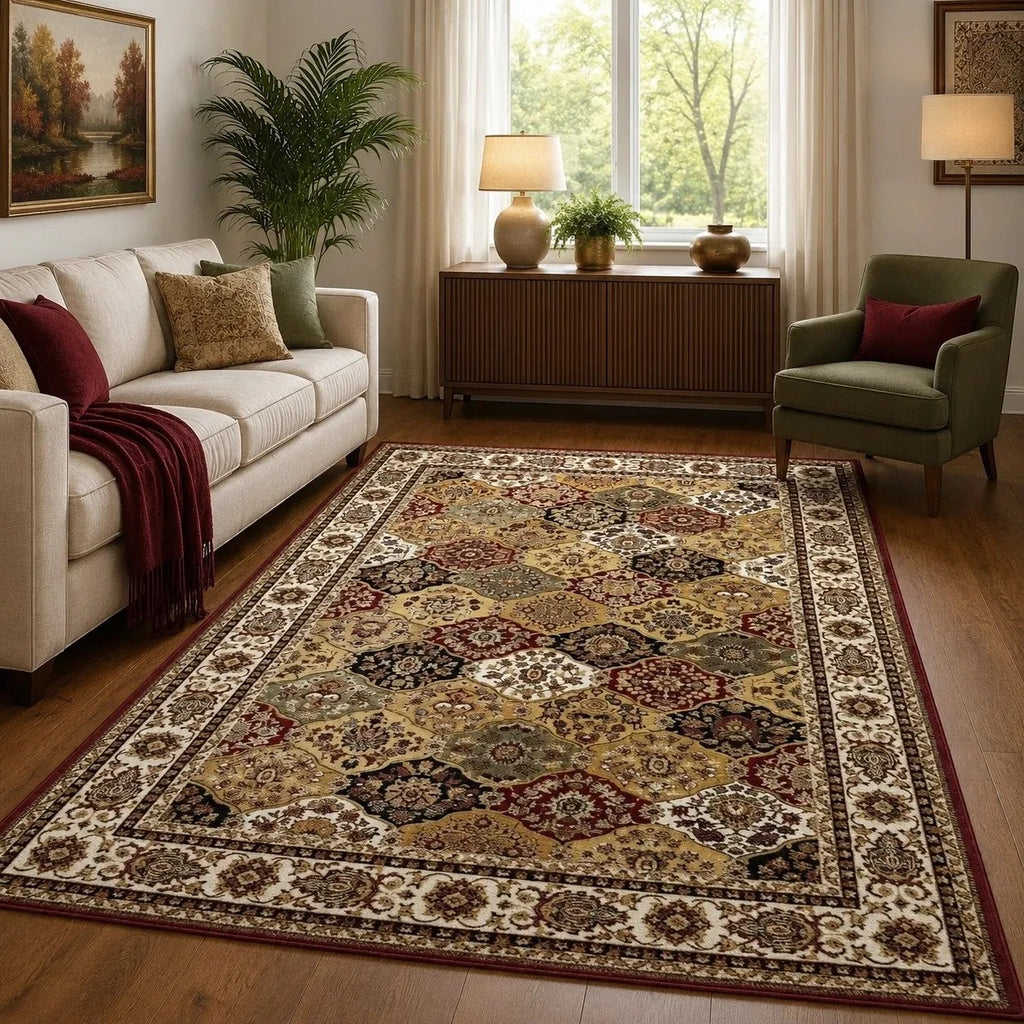 CarpetlyHome klasszikus bordó mintás szőnyeg arany és krém részletekkel, elegáns nappali enteriőrben elhelyezve.