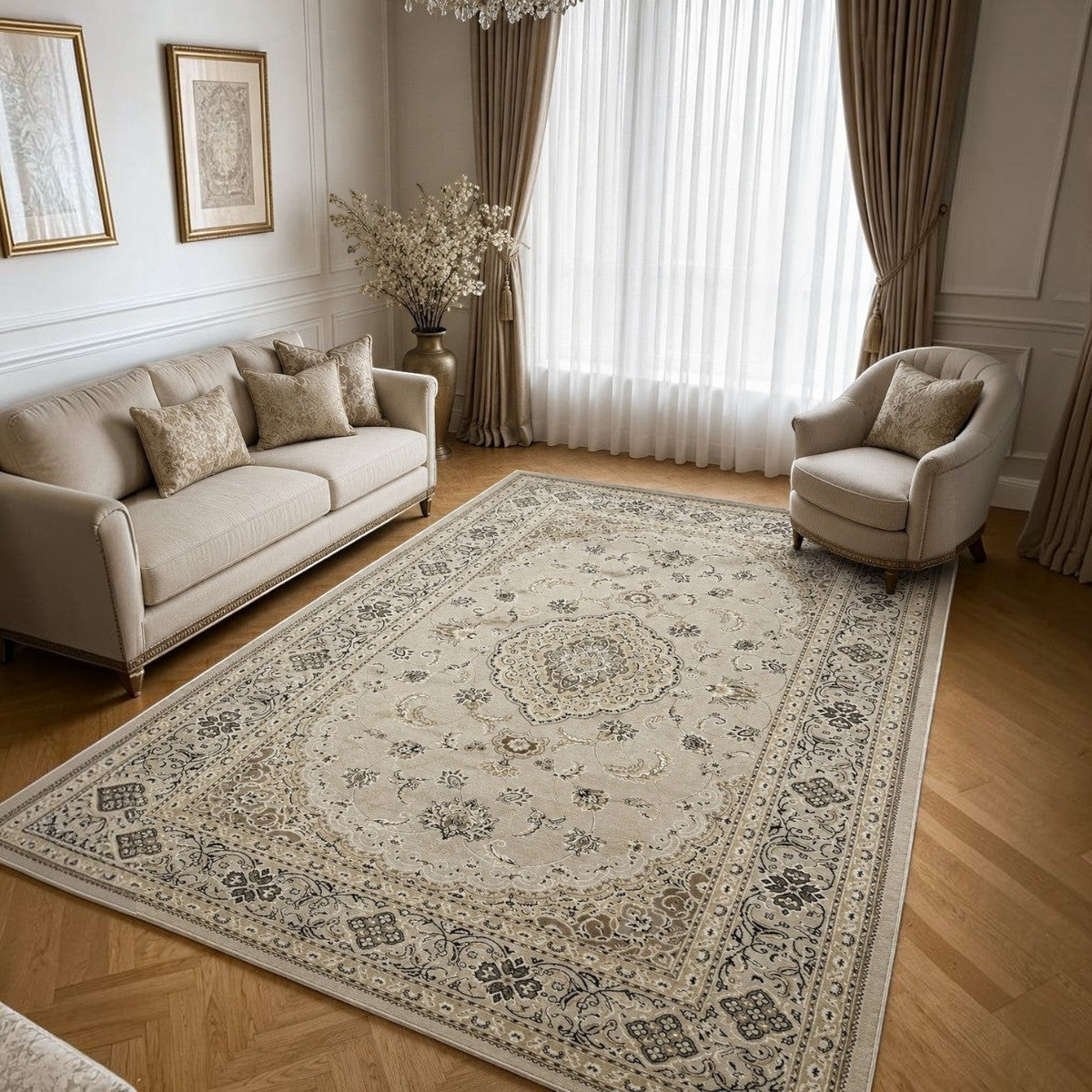 CarpetlyHome klasszikus mintás, bézs színű, polipropilén szőnyeg, 12 mm szálhosszúsággal, ideális nappaliba vagy hálószobába.