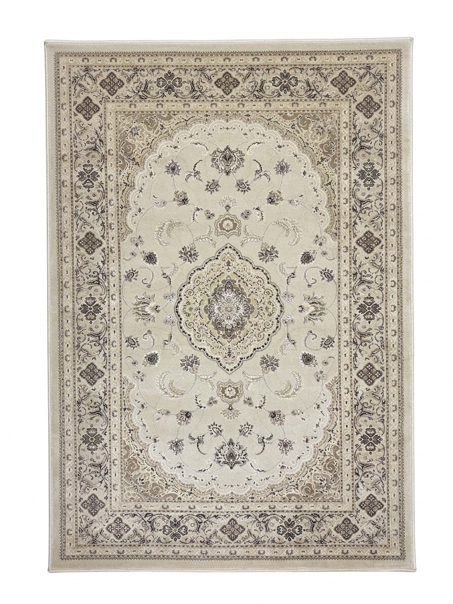 CarpetlyHome klasszikus mintás krémszínű polipropilén szőnyeg, ornamentikus mintákkal, 12 mm szálhossz.