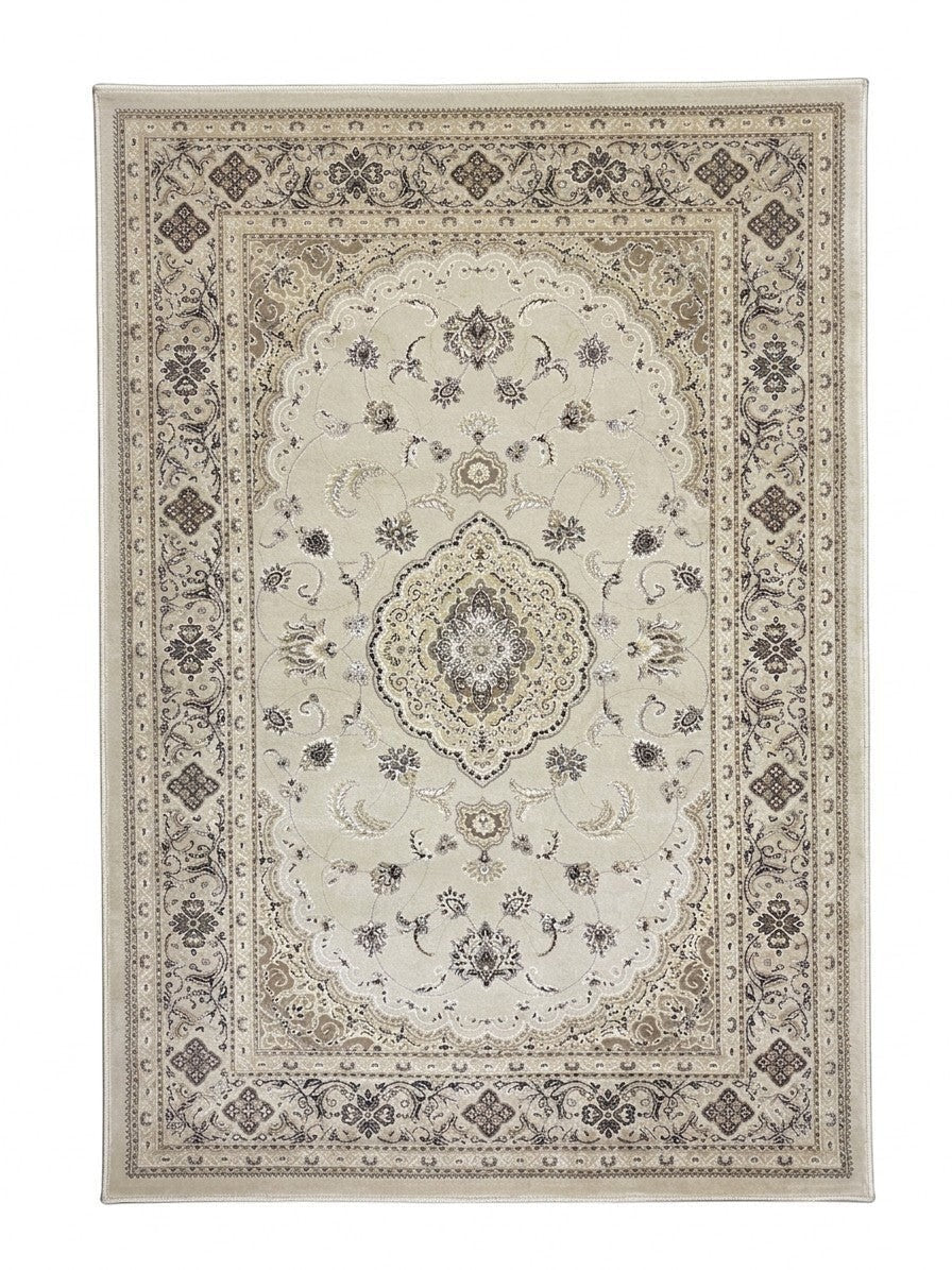 CarpetlyHome klasszikus mintás krémszínű polipropilén szőnyeg, ornamentikus mintákkal, 12 mm szálhossz.