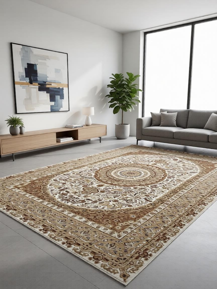 CarpetlyHome klasszikus bézs mintás szőnyeg, 100% polipropilén, 12 mm szálhossz, padlófűtéshez is alkalmas