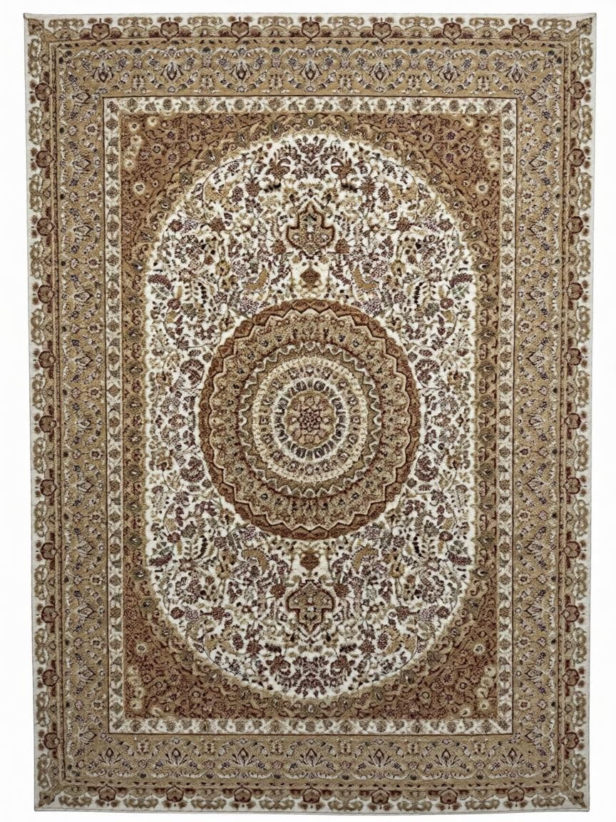 CarpetlyHome klasszikus bézs mintás szőnyeg, 100% polipropilén, 12 mm szálhossz, padlófűtéshez is alkalmas.