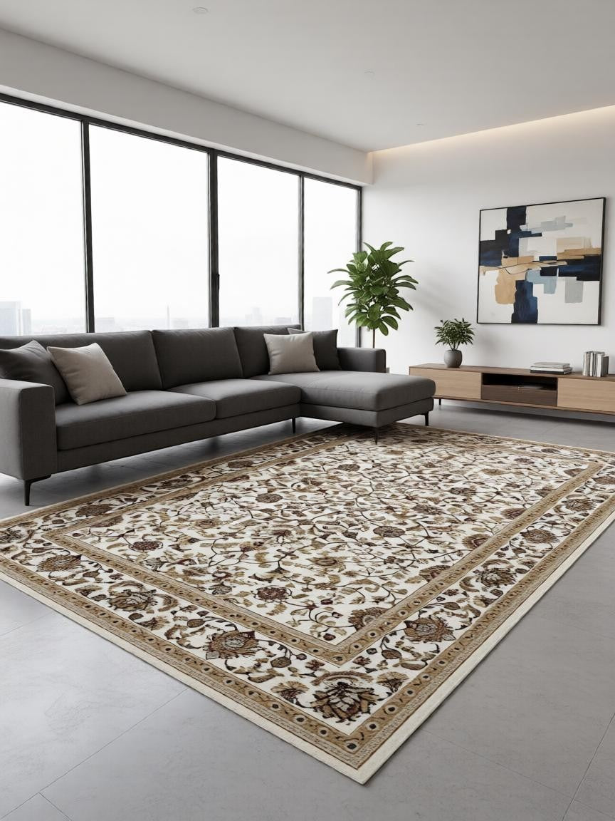 CarpetlyHome klasszikus bézs mintás szőnyeg, virágos mintával, 12mm szálhosszúsággal, nappaliba vagy hálószobába.