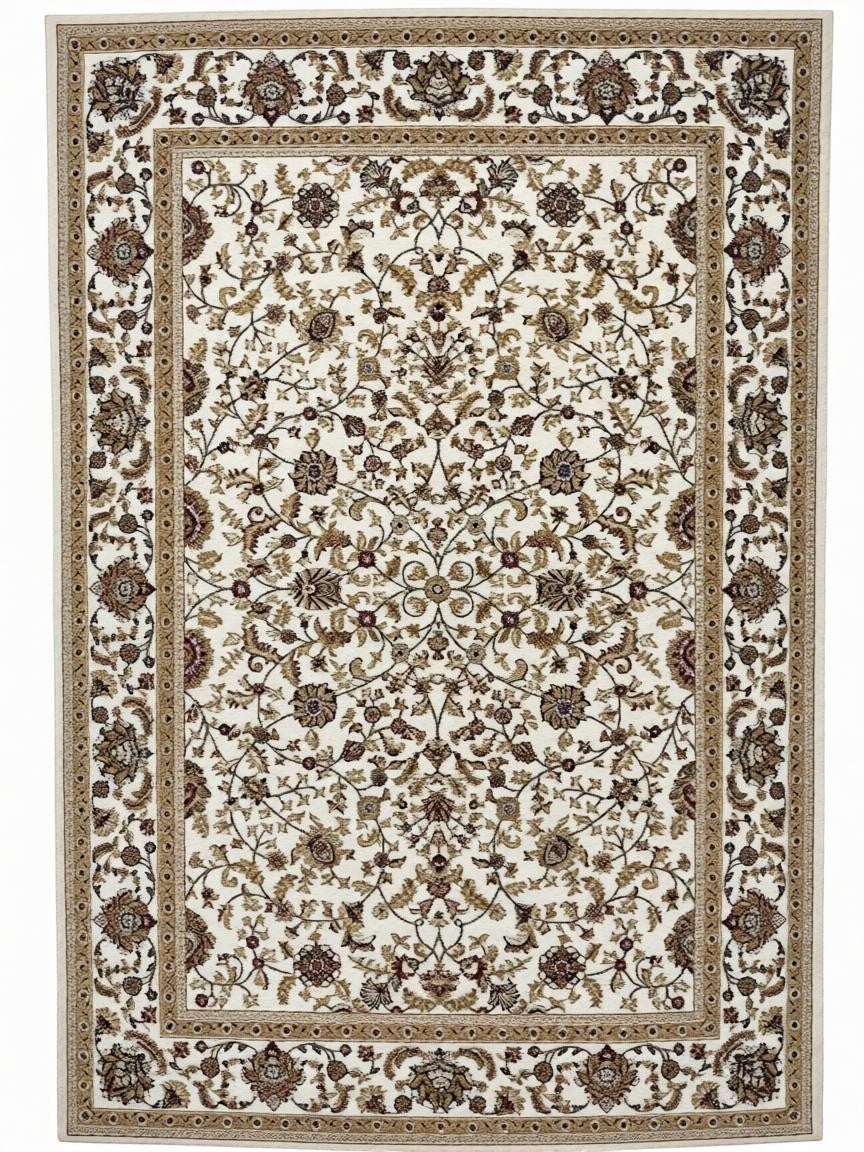 CarpetlyHome klasszikus bézs mintás szőnyeg, virágos mintával, 100% polipropilén, 12 mm szálhosszúság