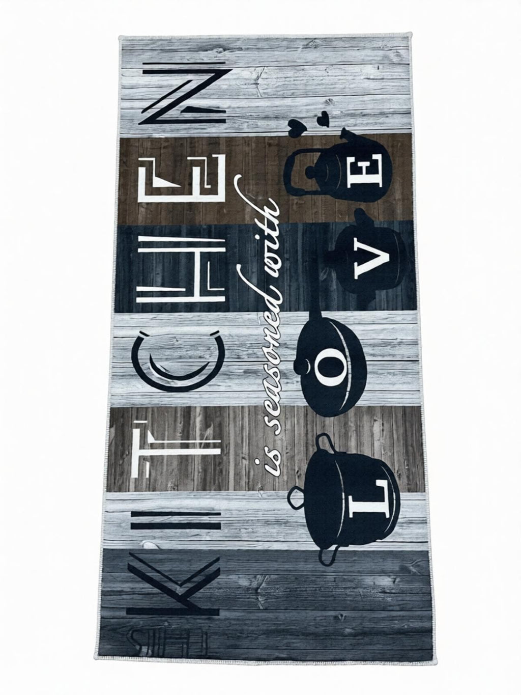 CarpetlyHome konyhai futószőnyeg "KITCHEN is seasoned with LOVE" felirattal, fekete-fehér mintával, poliészterből.