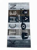 CarpetlyHome konyhai futószőnyeg "KITCHEN is seasoned with LOVE" felirattal, fekete-fehér mintával, poliészterből.