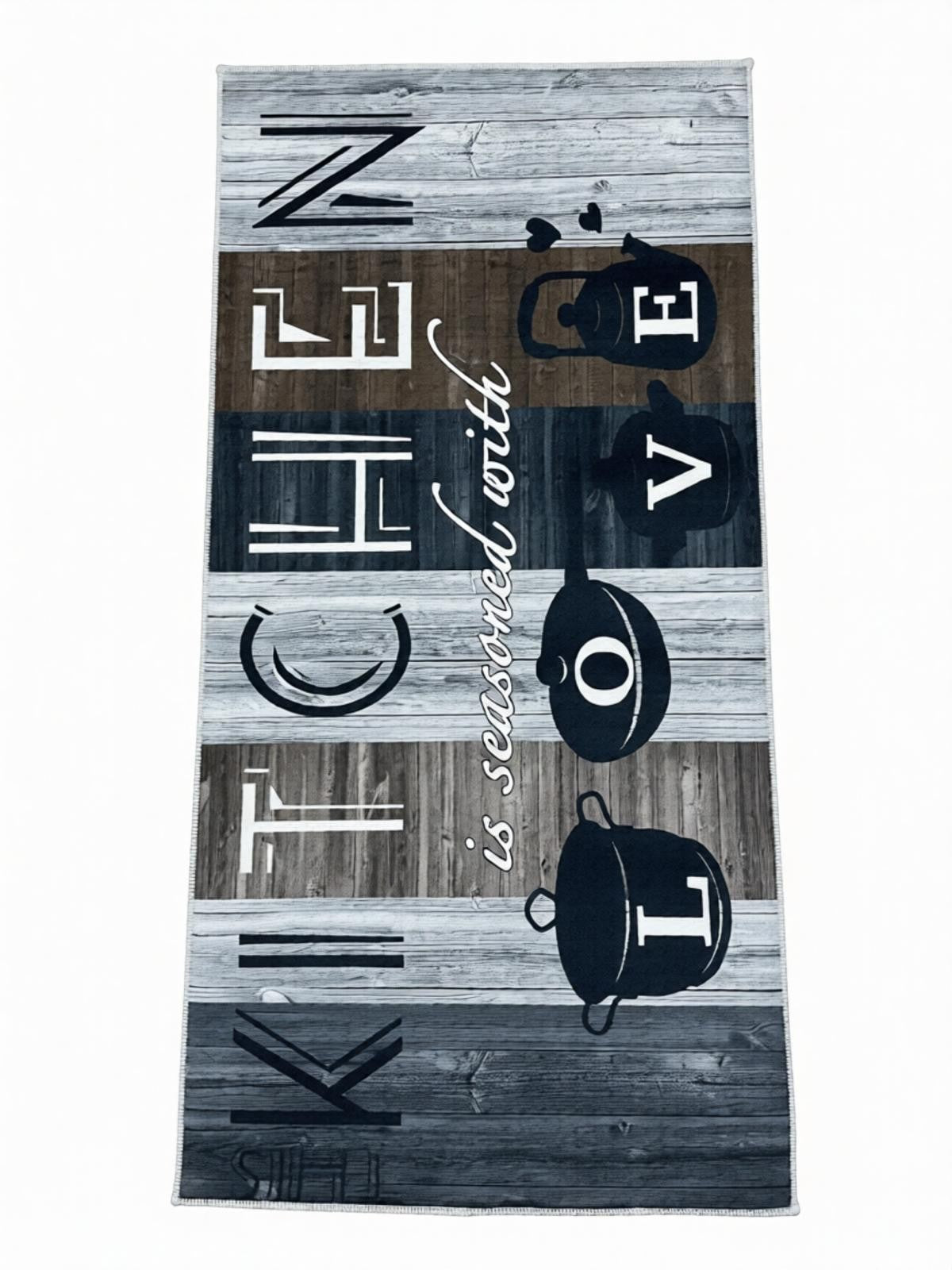 CarpetlyHome konyhai futószőnyeg "KITCHEN is seasoned with LOVE" felirattal, fekete-fehér mintával, poliészterből.