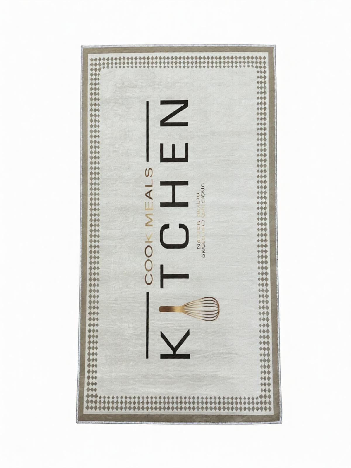 CarpetlyHome modern bézs konyhai futószőnyeg "KITCHEN COOK MEALS" felirattal és habverő mintával, poliészter.