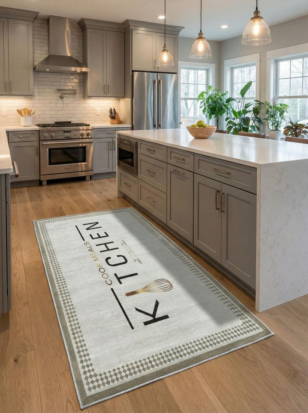 CarpetlyHome modern bézs konyhai futószőnyeg "KITCHEN COOK MEALS" felirattal és habverő mintával, poliészter.