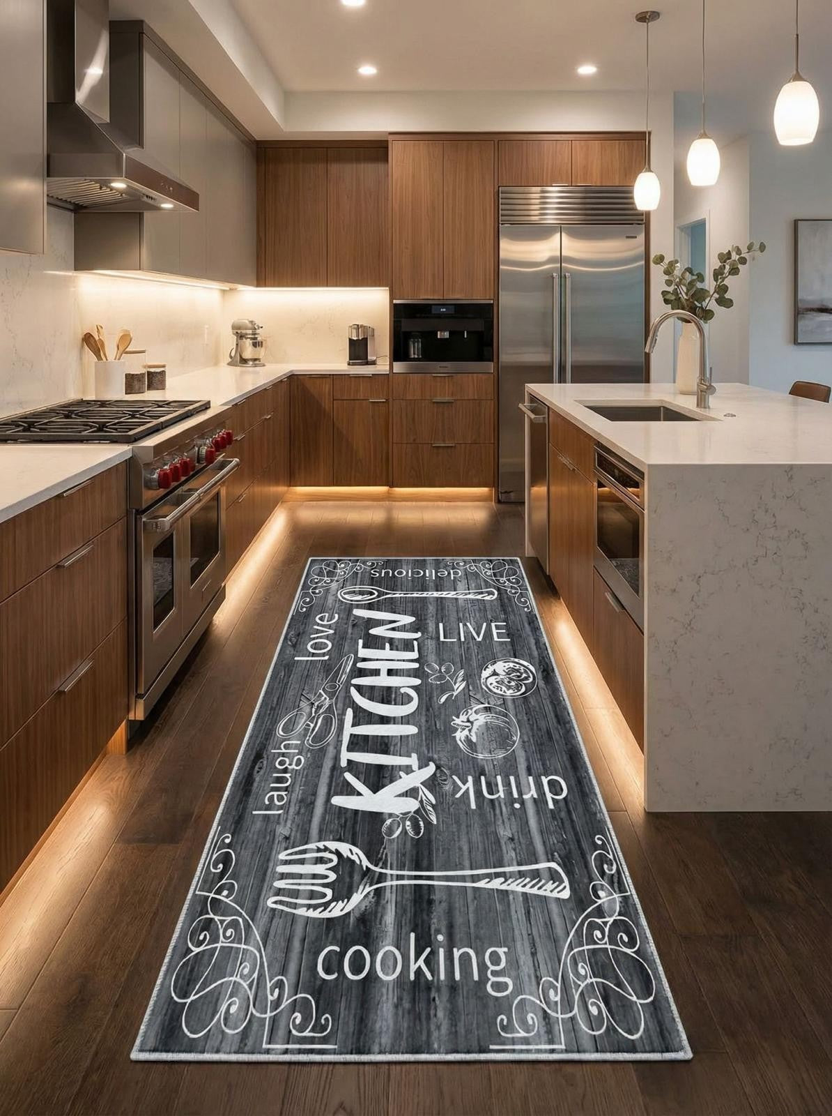 CarpetlyHome rusztikus szürke konyhai futószőnyeg "KITCHEN" felirattal, villa, paradicsom és egyéb motívumokkal.