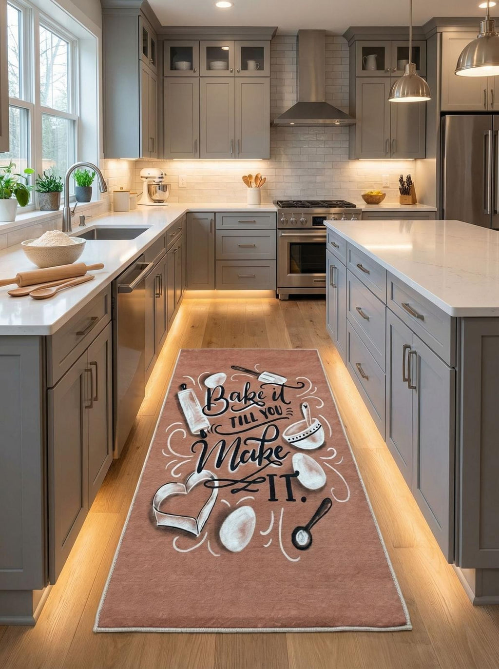 CarpetlyHome terrakotta színű konyhai szőnyeg "Bake it till you Make it." felirattal, sütési motívumokkal, poliészterből.