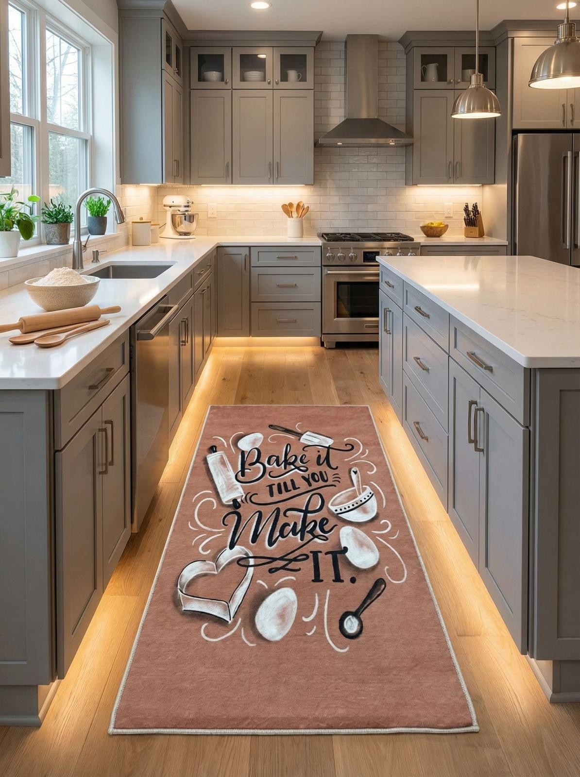 CarpetlyHome terrakotta színű konyhai szőnyeg "Bake it till you Make it." felirattal, sütési motívumokkal, poliészterből.