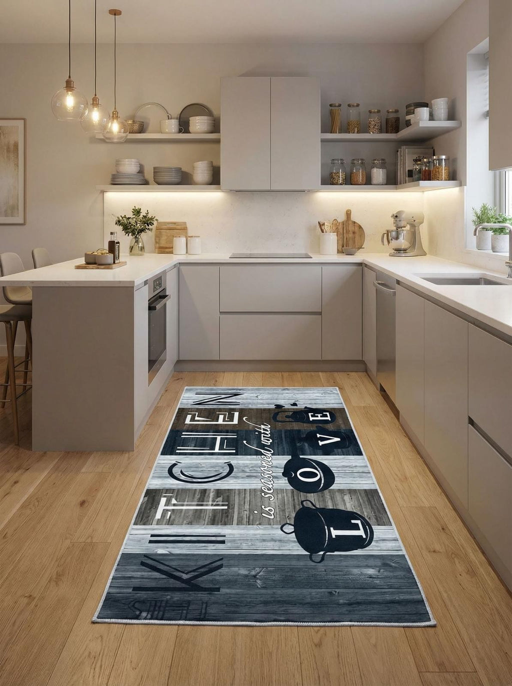 CarpetlyHome konyhai futószőnyeg "KITCHEN is seasoned with LOVE" felirattal, fa mintás, poliészter, csúszásgátló hátoldalú