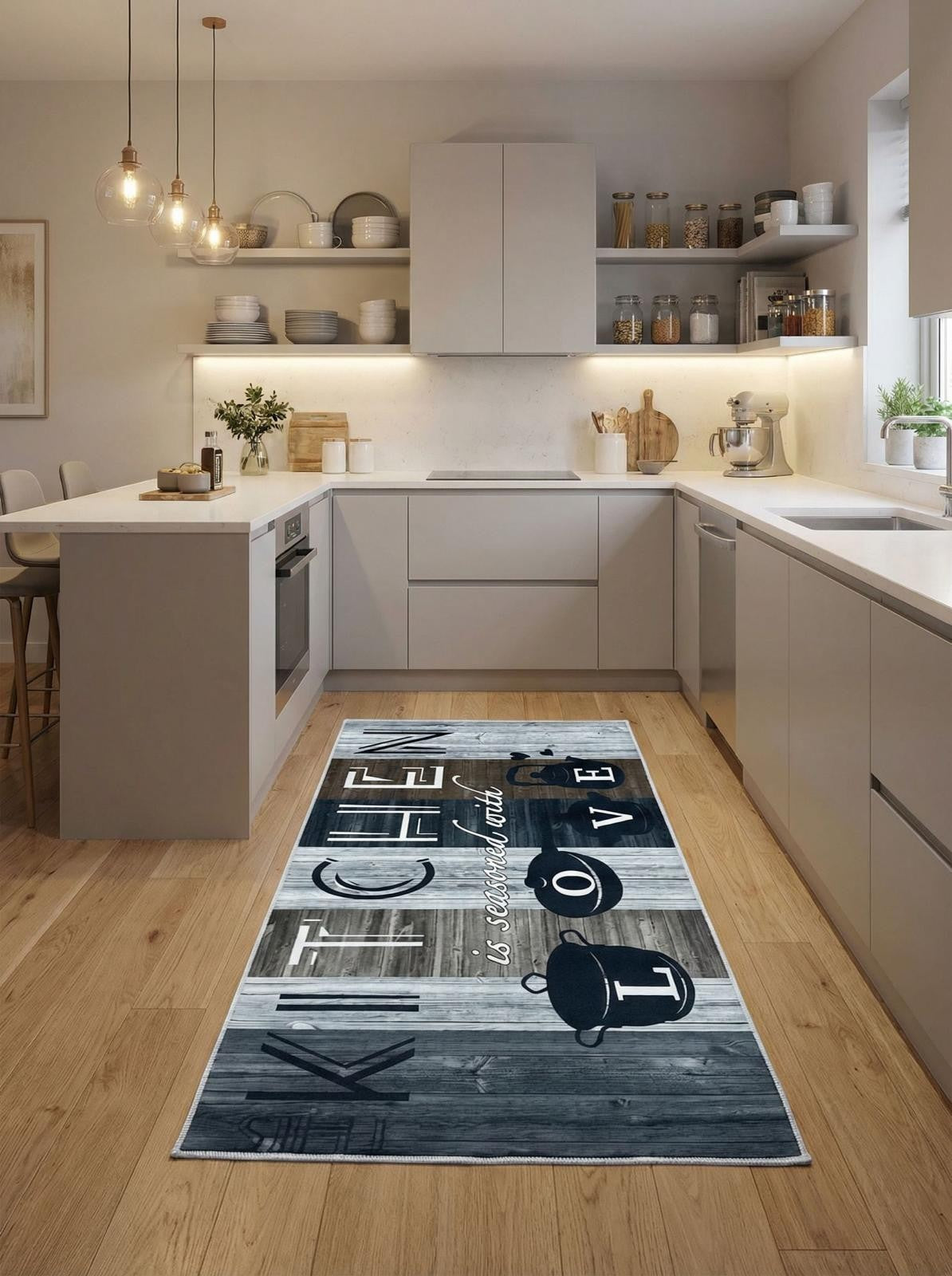 CarpetlyHome konyhai futószőnyeg "KITCHEN is seasoned with LOVE" felirattal, fa mintás, poliészter, csúszásgátló hátoldalú