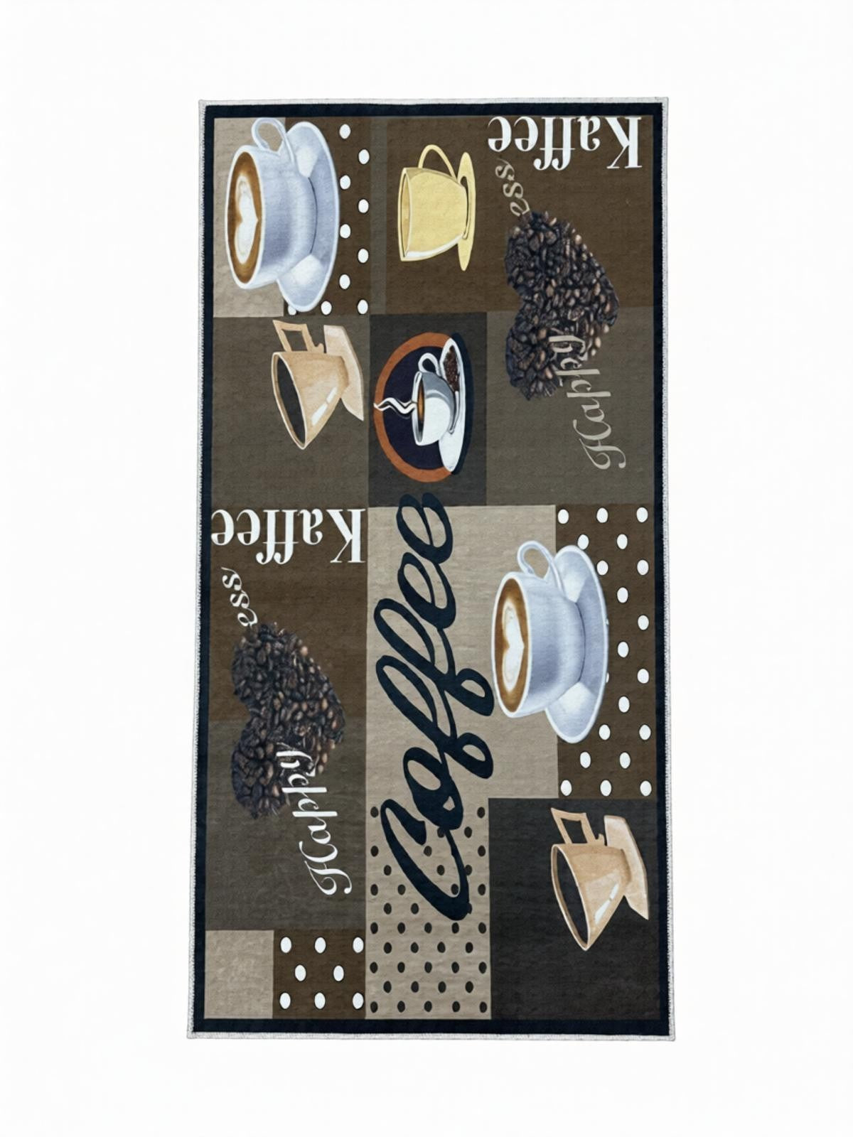 CarpetlyHome kávés patchwork konyhai szőnyeg barna, bézs és fekete színekben, kávéscsészékkel és kávészemekkel.