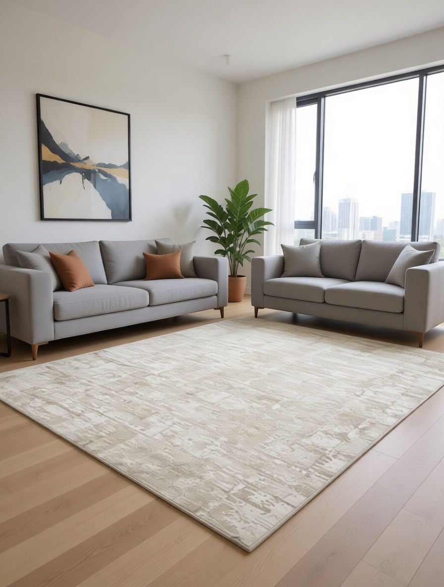 CarpetlyHome krém-bézs texturált absztrakt modern szőnyeg, 100% polipropilén, 12 mm szálhossz.