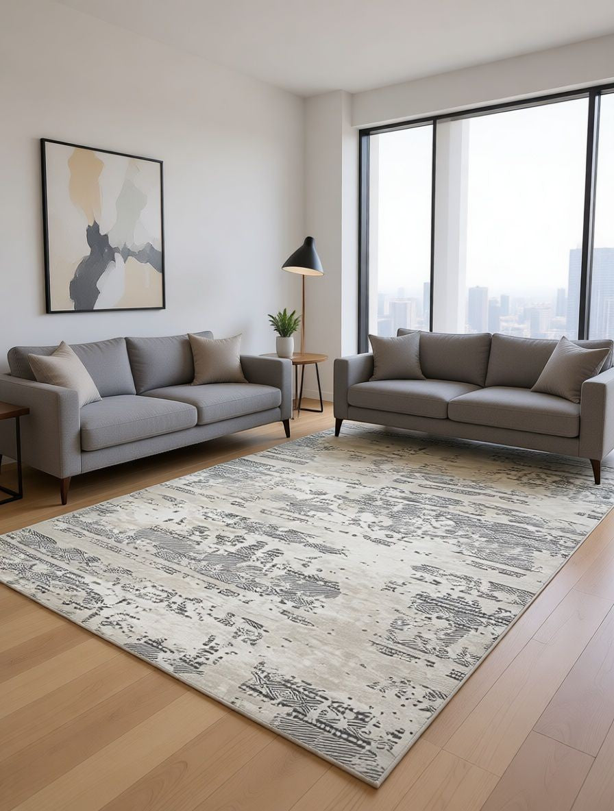 CarpetlyHome krém-bézs vintage absztrakt modern szőnyeg, 100% polipropilén, 12 mm szálhossz, padlófűtéshez is alkalmas.