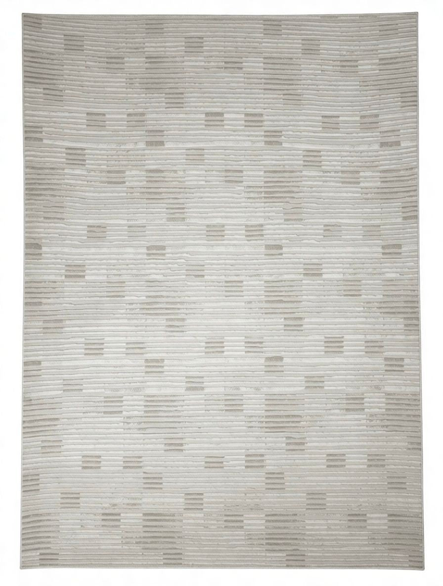 CarpetlyHome krém színű, finoman csíkozott mintás modern szőnyeg, 100% polipropilén, 12 mm szálhossz.