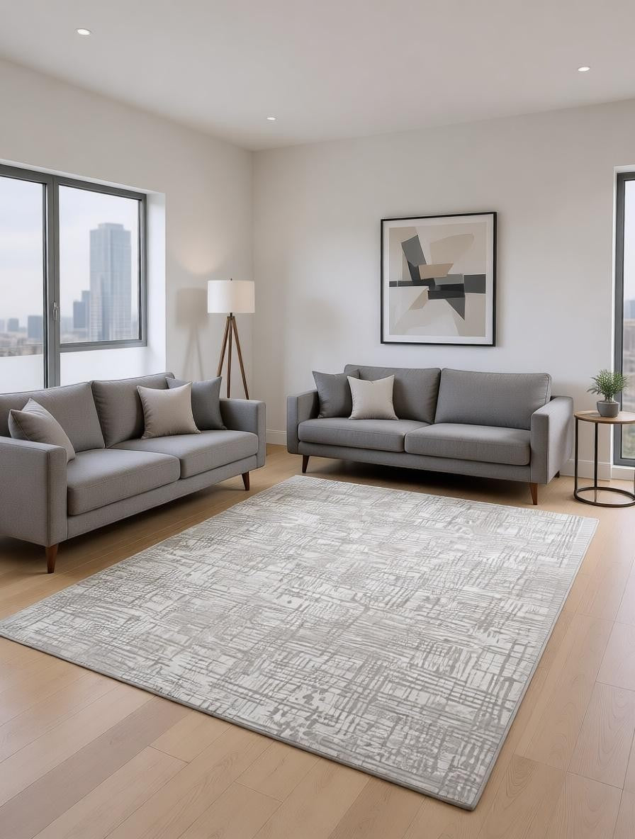 CarpetlyHome krém és szürke rácsmintás modern szőnyeg, 100% polipropilén, 12 mm szálhossz.