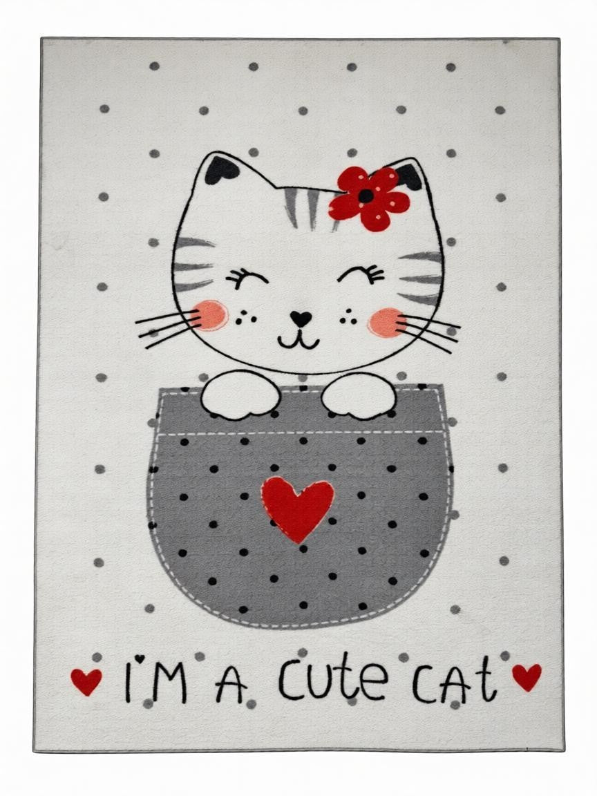 CarpetlyHome szürke-fehér macskás gyerekszőnyeg, piros szívvel és "I'M A Cute Cat" felirattal, polipropilén, 7mm szálhossz.