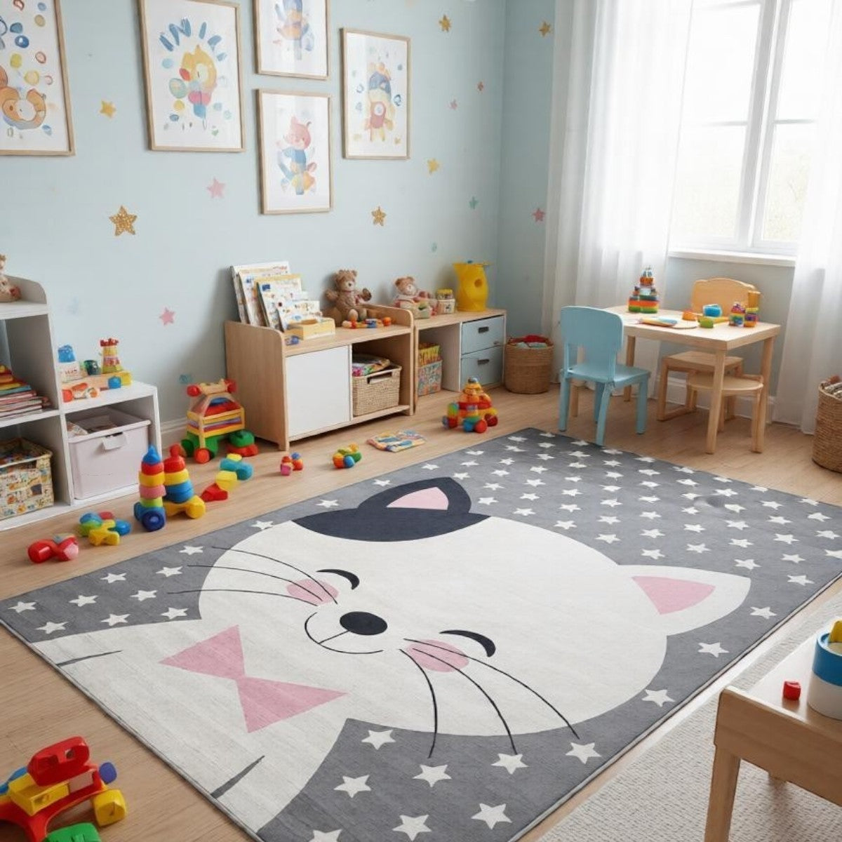 CarpetlyHome szürke, macskás mintájú gyerekszőnyeg csillagokkal, 100% polipropilén, 8mm szálhossz.