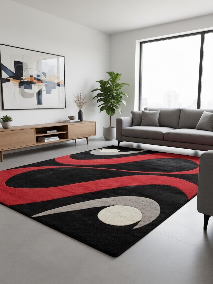 CarpetlyHome Margit fekete-piros hullám mintás modern szőnyeg, 100% polipropilén, 12 mm szálhossz.