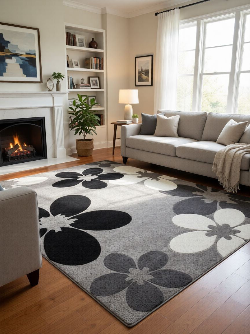 CarpetlyHome Margit szürke virágmintás modern szőnyeg, fekete, fehér és szürke virágokkal, 100% polipropilén