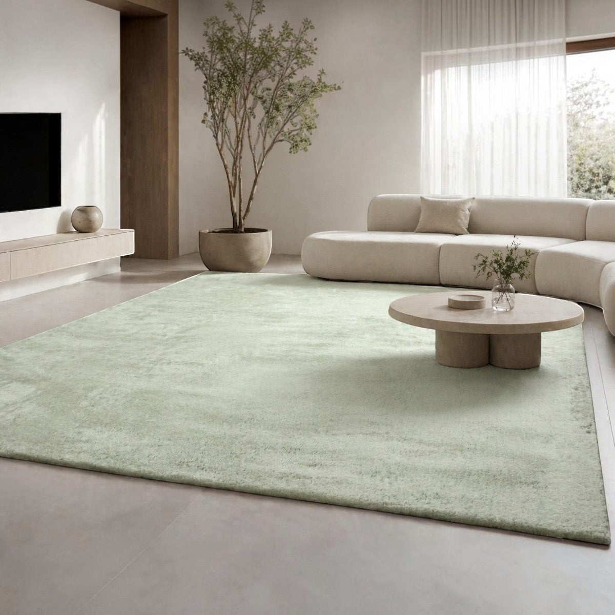 CarpetlyHome mentazöld, extra puha szőrme hatású szőnyeg modern nappaliban, csúszásgátló hátoldallal.