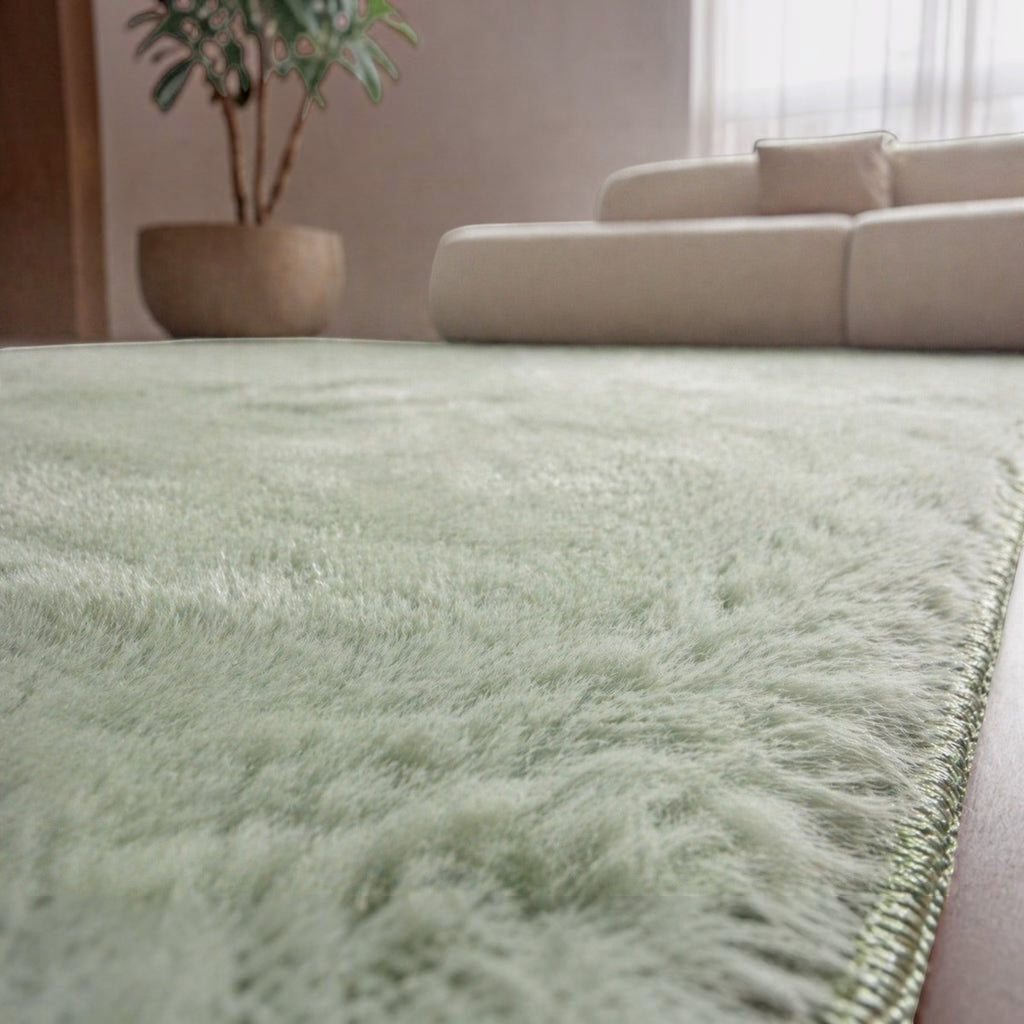 CarpetlyHome mentazöld, extra puha szőrme hatású szőnyeg 30 mm-es szálhosszúsággal, modern nappali enteriőrben.