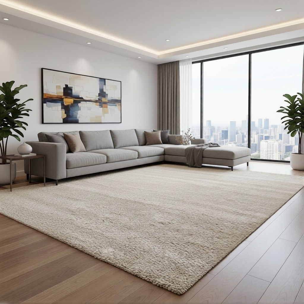 CarpetlyHome Milano egyszínű bézs modern szőnyeg puha textúrával, elegáns nappali enteriőrben elhelyezve