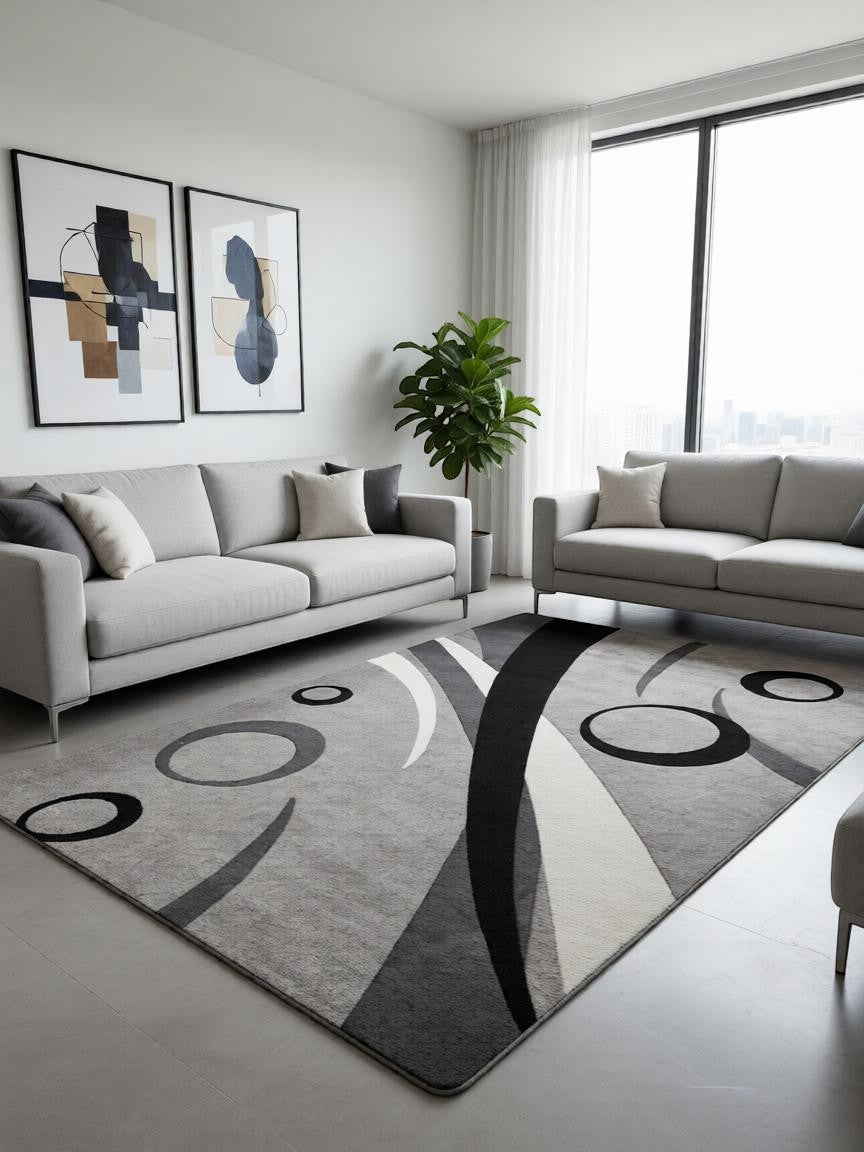 CarpetlyHome modern absztrakt szürke, fekete és fehér hullámzó szőnyeg, 100% polipropilén, 12 mm szálhossz.